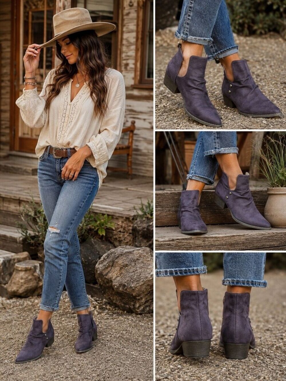 Women's Purple Faux Suede Ankle Booties Pointed Toe Low Block Heel Size 7.5